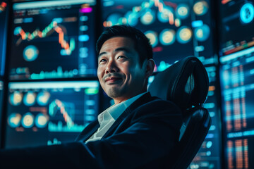 Confident businessman in front of stock market screens Generative AI image