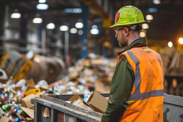 Manager oversees waste reduction efforts, employees sorting recyclables, composting organic waste in waste recycling factory. - obrazy, fototapety, plakaty