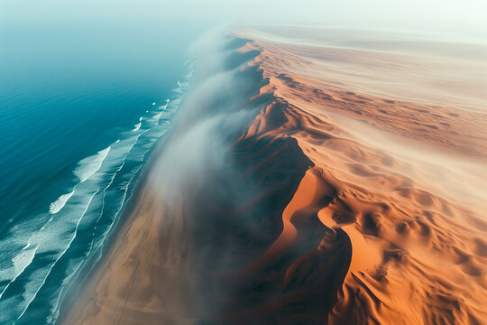 Aerial shot of desert dunes and ocean at sunset Generative AI image