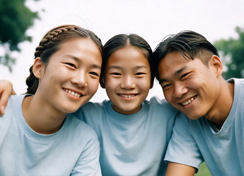 Portrait of a Secure Hugging Young and Happy Asian Family in Loving Close-up with Smiling Faces Together