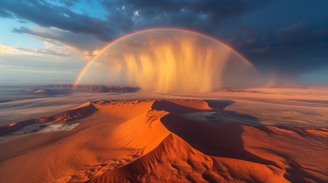 Surreal desert rainstorm with a vivid rainbow Generative AI image