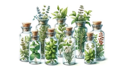 Digital art of Apothecary bottles with fresh medicinal herbs on white background. Herbal extracts in glassware. Concept of natural pharmacy, botanical extracts, and homeopathic ingredients.