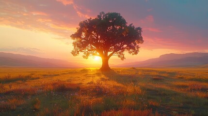   A solitary tree in a field, silhouetted against the sunset Mountains in the background