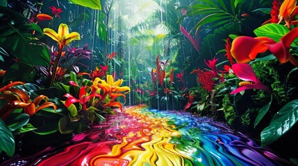 A colourful rain forest teaming with vibrant coloured flowers and life