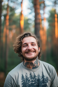 Smiling tattooed man in a sunlit forest. Generative AI image
