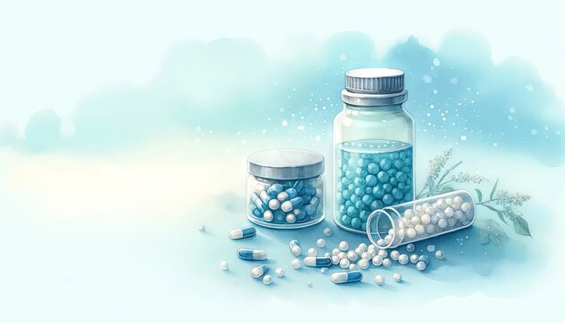 Digital art of Pharmaceutical capsules in bottles on a soft blue background. Homeopathic pills. Concept of pharmaceuticals, homeopathy, alternative medicine, health supplements. Banner. Copy space