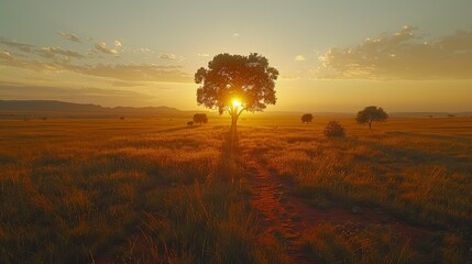   A solitary tree marks the sunset in an open field, framed by a dirt path in the foreground - obrazy, fototapety, plakaty