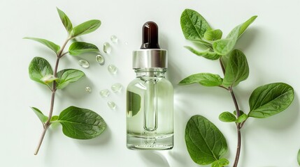 Glass bottle with dropper and essential oil among fresh green leaves. Concept of herbal cosmetics, eco-friendly beauty, natural skincare, plant-based ingredients, and wellness.