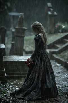 Victorian princess in black mourning at cemetery