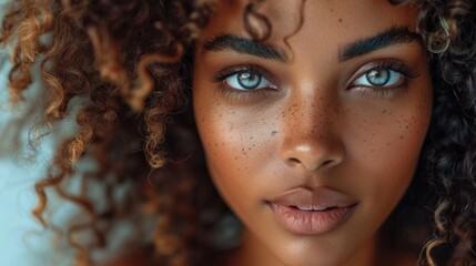 The skin texture and eye of a beautiful African American woman with long curly hair are in focus on a white background.