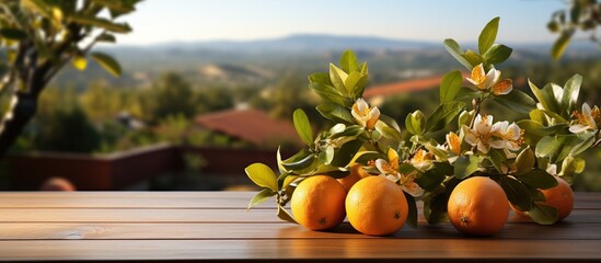 Tangerines on a wooden table in front of a mountain landscape