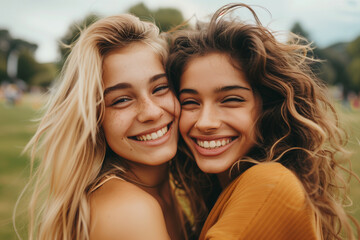 Two Young Women Hugging in Front of Tree