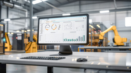 Mockup of modern monitoring with AI control on several desktop computers In the background is a modern 4.0 factory environment with robot arms and assembly lines