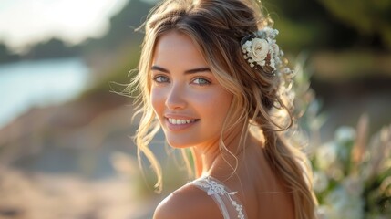 Stunning bride with long blond hair wearing vintage flower hair accessories and looking over her shoulder