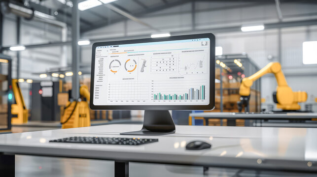  Mockup of modern monitoring with AI control on several desktop computers In the background is a modern 4.0 factory environment with robot arms and assembly lines