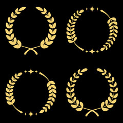 Set of golden vector laurel wreaths on black background. Foliate award wreath. Golden branch of olive leaves and stars for cinema festival. Vector illustration.