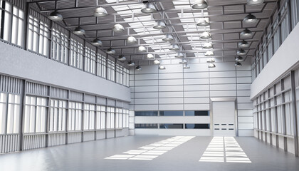 An empty light warehouse. Warehouse room with windows on the roof. Building for production.