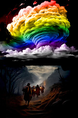 People with Lamps Following the Dark Calling of the LBGTQ Rainbow to be Sucked into the Destructive Tornado - obrazy, fototapety, plakaty
