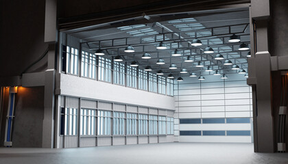 Production room with roof windows. Empty warehouse. Lighted workshop with high ceilings.