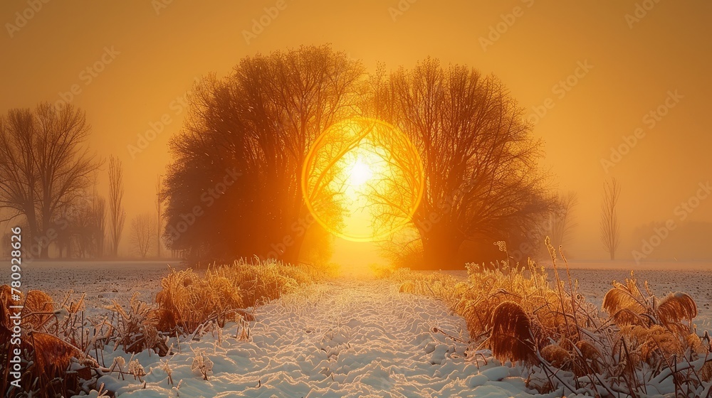 Poster a snow-covered field with trees and a sun sinking amidst the image, surrounded by snow on the ground