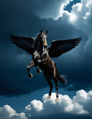 Image of the magnificent Greek mythological divine winged horse named Pegasus flying in the clouds - obrazy, fototapety, plakaty