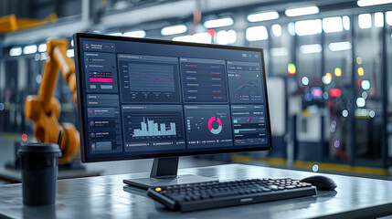  Mockup of modern monitoring with AI control on several desktop computers In the background is a modern 4.0 factory environment with robot arms and assembly lines - obrazy, fototapety, plakaty