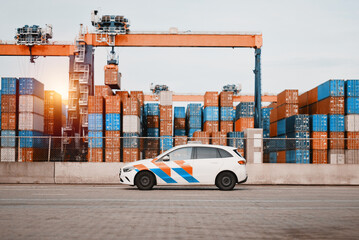 Harbour Terminal Facility Security. Dutch Police Immigration Border Control. Port State Authority Car Vehicle. Livery And Wrapping Design. Special Purpose Emergency Vehicle With Strobe Lights.