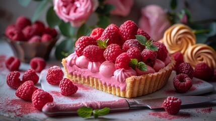  White plate holds tantalizing treat - tart topped with whipped cream, fresh raspberries