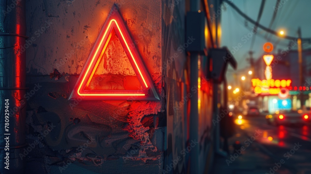 Poster a neon triangle sign on the side of a building. perfect for urban and nightlife concepts