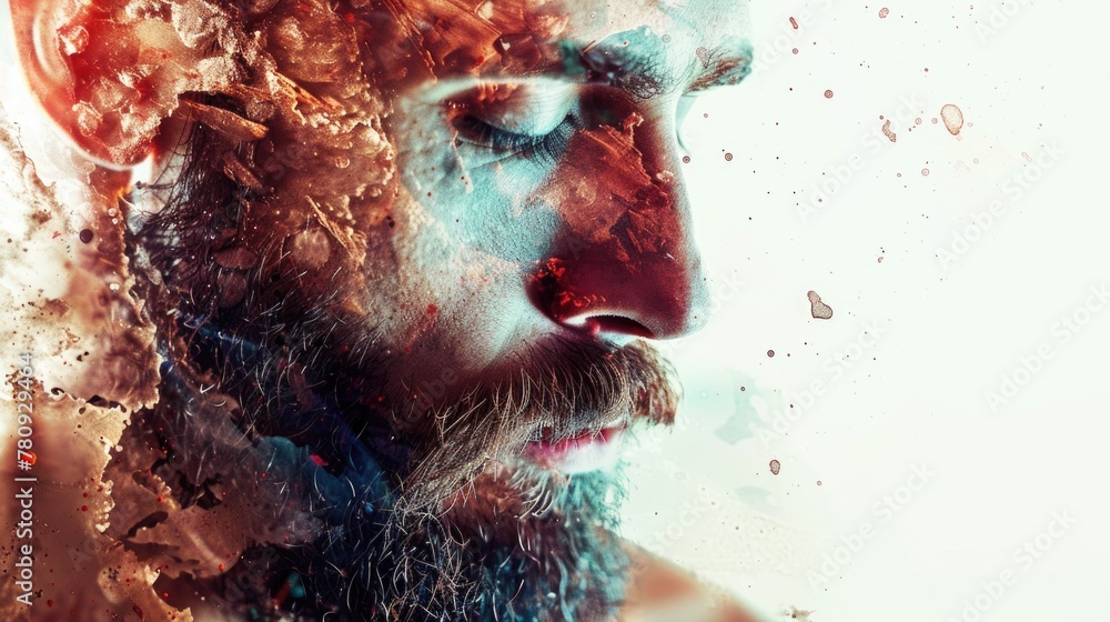 Poster A detailed image of a man with a beard. Suitable for various projects