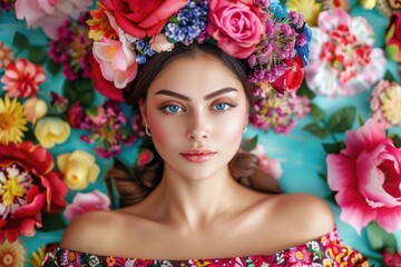 A woman wearing a flower crown. Suitable for spring or summer themes