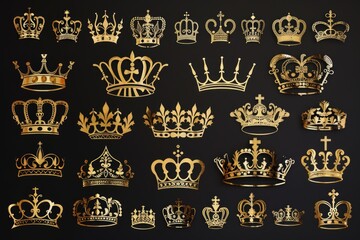 A collection of gold crowns on a black background. Ideal for luxury and royalty concepts