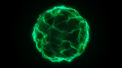 Abstract green sphere with connecting dots. Wireframe technology sphere of particles. Big data visualization. 3d rendering.
