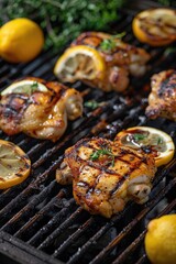 Grilled chicken with fresh lemons, perfect for food blogs or restaurant menus