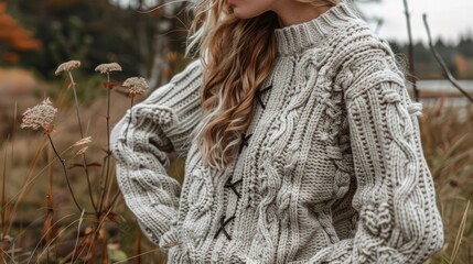 Cozy Autumn Knit Sweater in Lush Countryside Setting