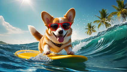 cute dog on a surfboard, splashes, summer leisure