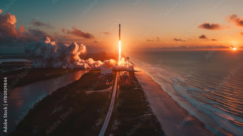 Aufkleber rocket launching into the sky with smoke, suitable for science and technology concepts