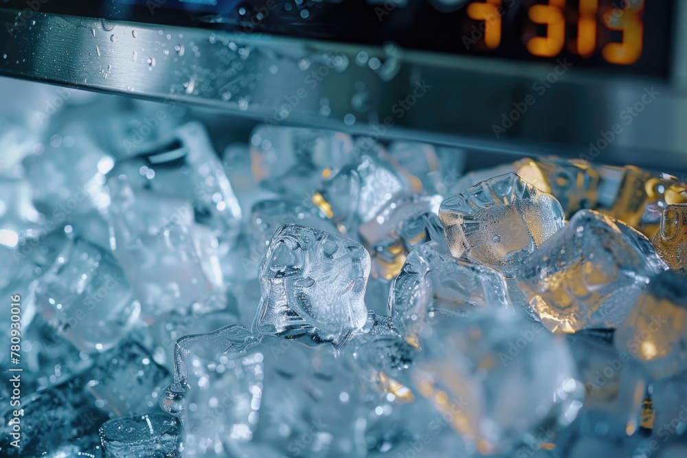Poster a close up shot of a bunch of ice cubes. perfect for refreshing summer drinks