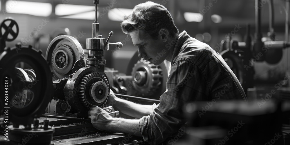Poster A man working on a machine in a factory. Suitable for industrial concepts