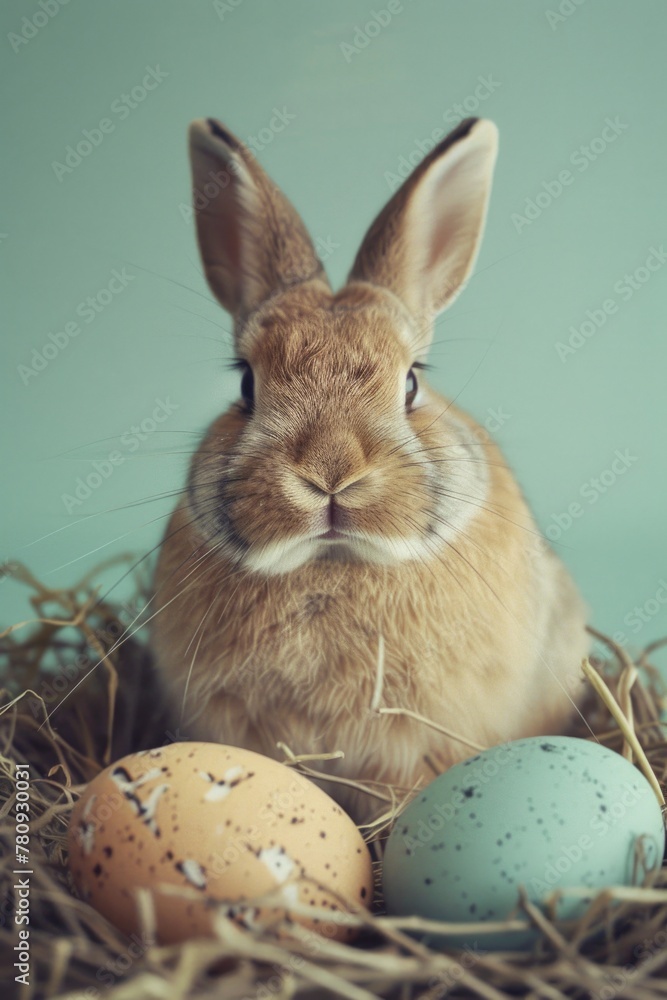 Poster a cute rabbit sitting in a nest with eggs, perfect for easter themes
