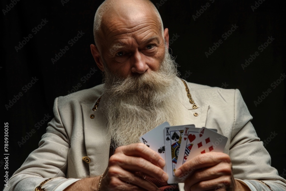Poster a man with a long beard holding playing cards. suitable for gambling or game concepts
