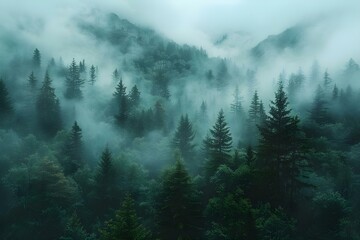 Misty Vintage Forest: Pine Trees and Cloudy Atmosphere. Concept Misty Forest, Vintage Theme, Pine Trees, Cloudy Atmosphere
