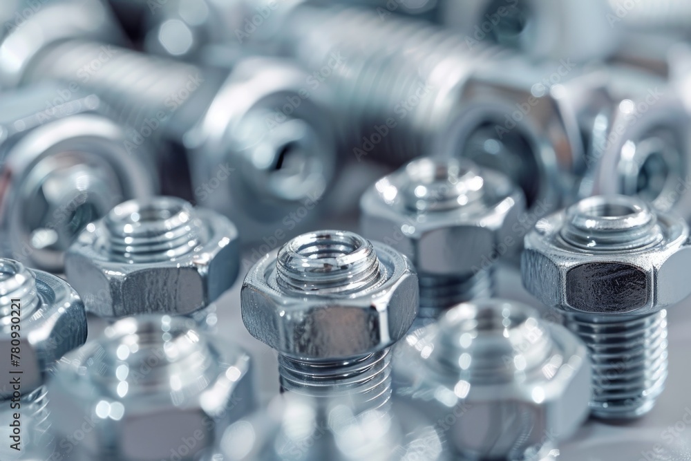 Poster various nuts and bolts neatly arranged on a table, suitable for industrial projects or diy websites
