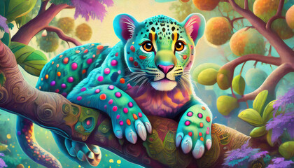 oil painting style cartoon character leopard on the tree