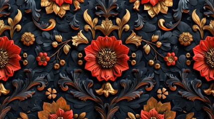 Luxurious Red and Gold Floral Damask Seamless Pattern for Textiles and Wallpapers - obrazy, fototapety, plakaty