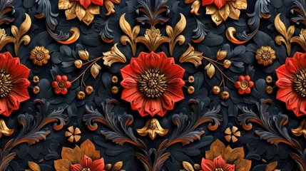 Fotobehang Luxurious Red and Gold Floral Damask Seamless Pattern for Textiles and Wallpapers © Sittichok