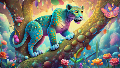 oil painting style cartoon character leopard on the tree