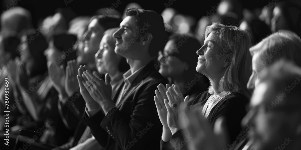 Poster a black and white photo of a group of people clapping. suitable for various projects