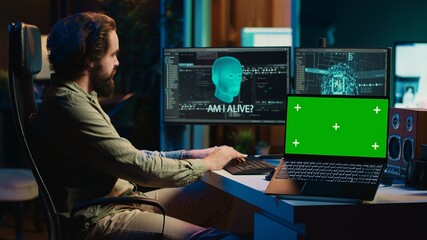 AI becoming sentient, chatting with computer scientist, asking existential questions, green screen...
