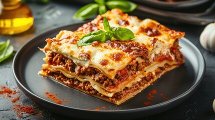 A mouth-watering piece of lasagna on a sleek black plate. Perfect for food blogs and restaurant menus